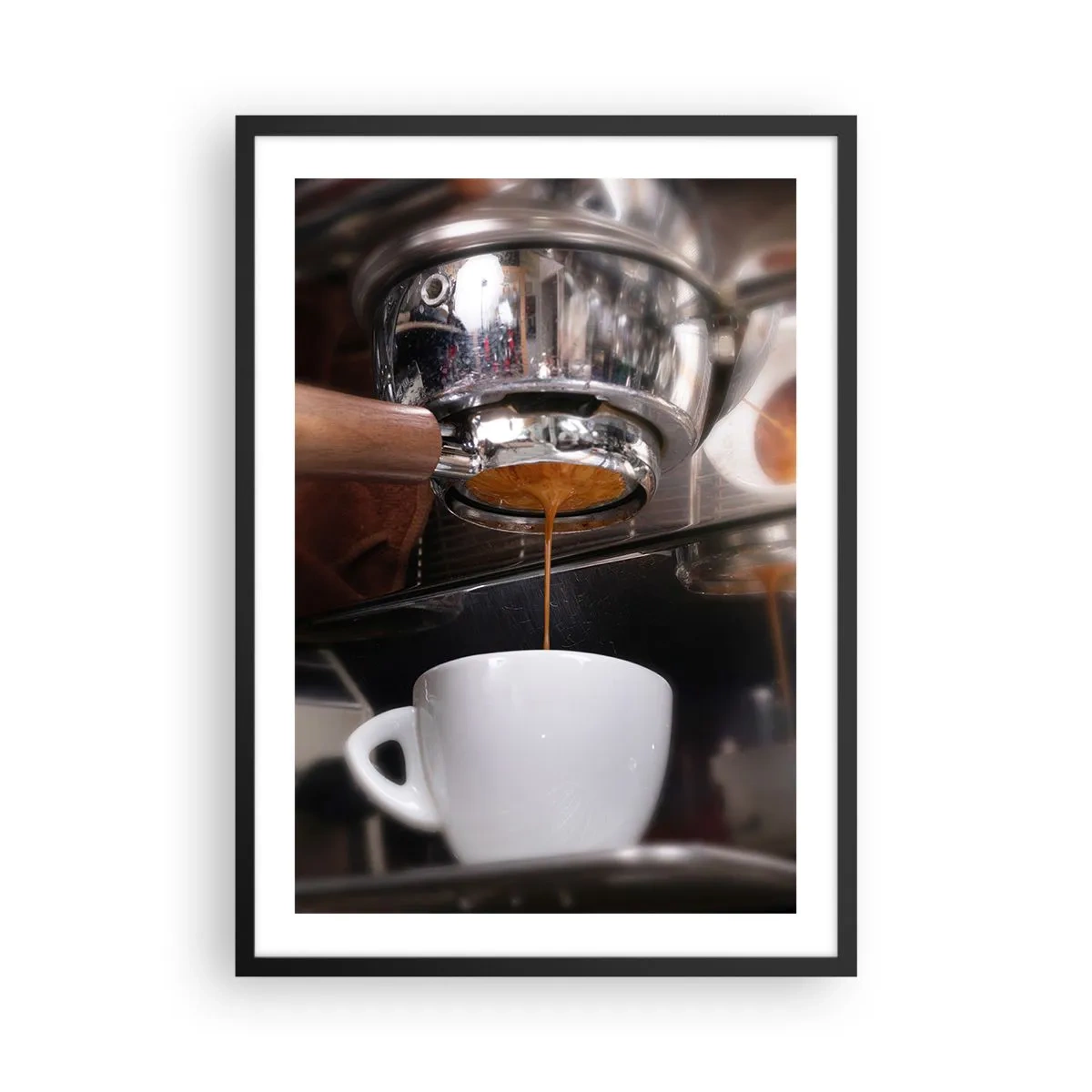 Poster in black frame - A coffee machine pouring fresh espresso into a cup - 50x70cm - Good Moment of the Day - Modern wall decoration for the living room and bedroom ARTTOR