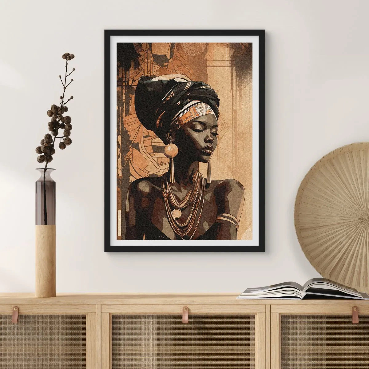 Poster in black frame - Portrait of an African woman wearing traditional ornaments - 50x70cm - African Majesty - Modern wall decoration for the living room and bedroom ARTTOR