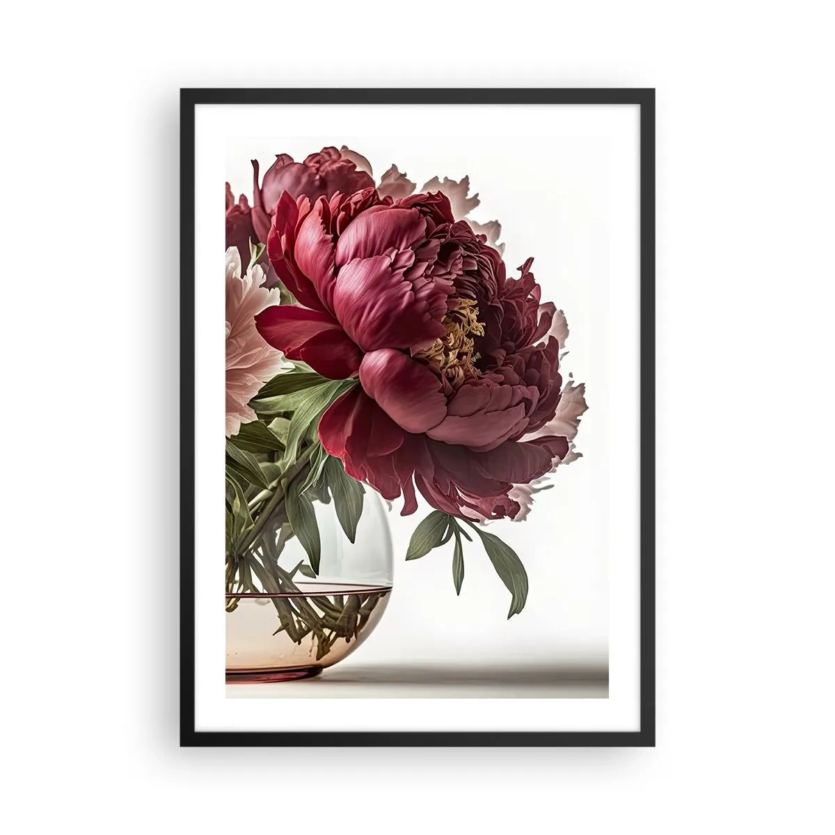 Poster in black frame - Red peonies in a glass vase on a white background - 50x70cm - In Full Bloom of Beauty - Modern wall decoration for the living room and bedroom ARTTOR