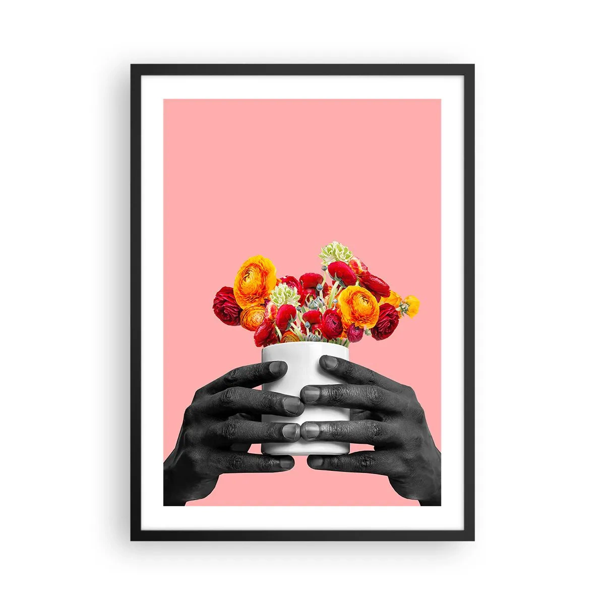 Poster in black frame - Black hands holding a bouquet of flowers on a pink background - 50x70cm - Apotheosis of Life - Modern wall decoration for the living room and bedroom ARTTOR
