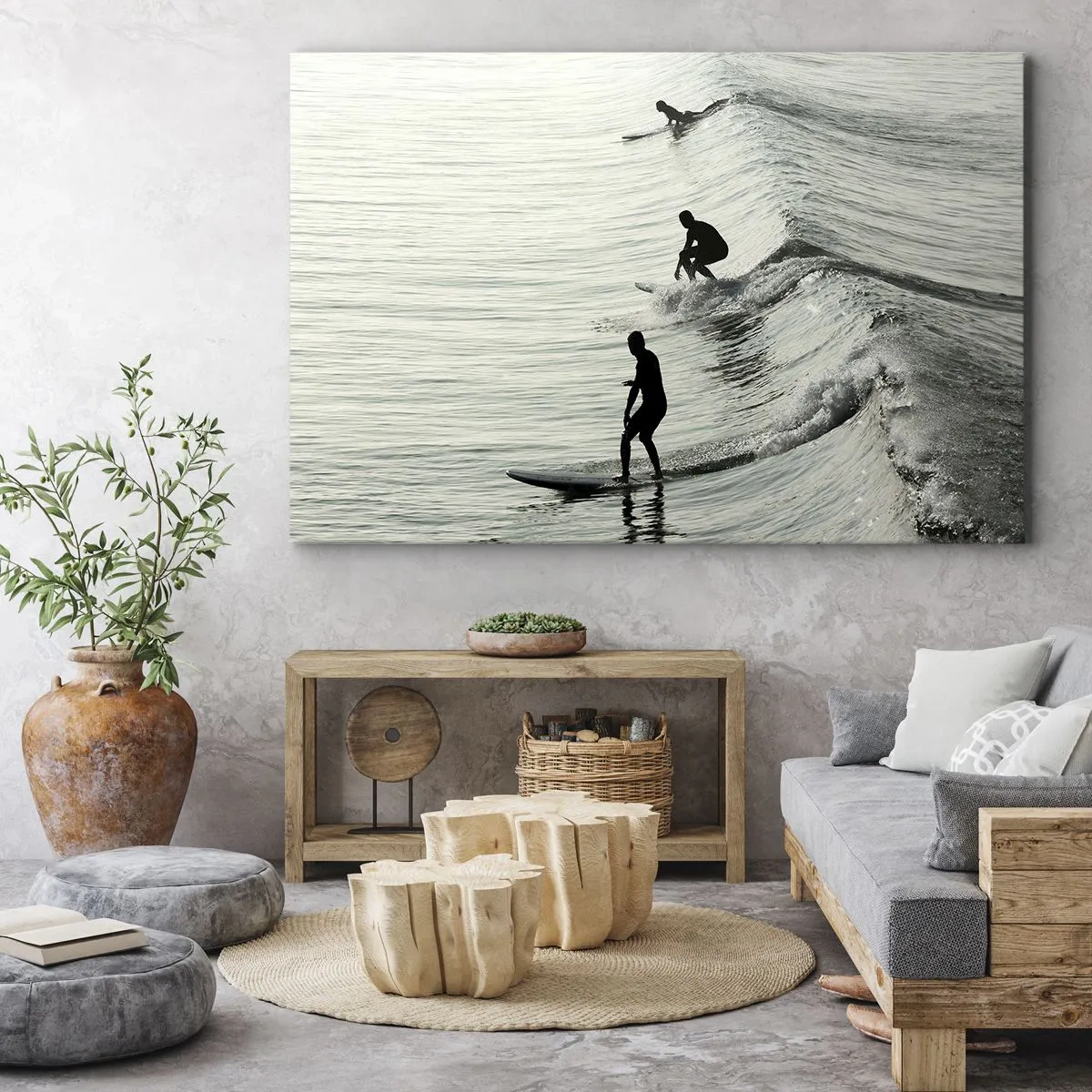 Canvas picture - Surfers on the waves in a monochrome shot - 70x50cm - Meeting the Wave - Modern wall decoration for the living room and bedroom ARTTOR