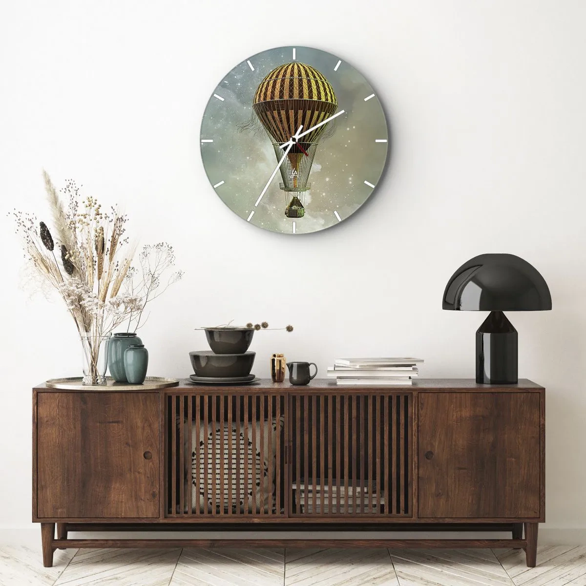 Wall clock - Clock on glass - A stylized balloon floating above a starry sky with a retro feel. - 30x30cm - Pioneer Flight - Modern wall decoration for the living room, kitchen, and bedroom ARTTOR