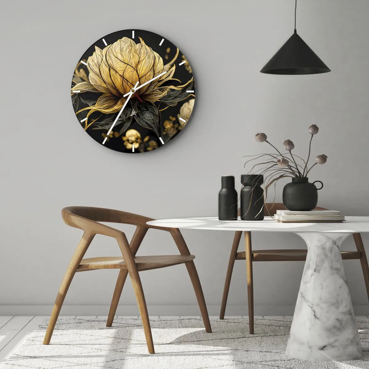 Wall clock - Clock on glass - Gold and black flower on a dark background - 30x30cm - Subtle Fragility - Modern wall decoration for the living room, kitchen, and bedroom ARTTOR