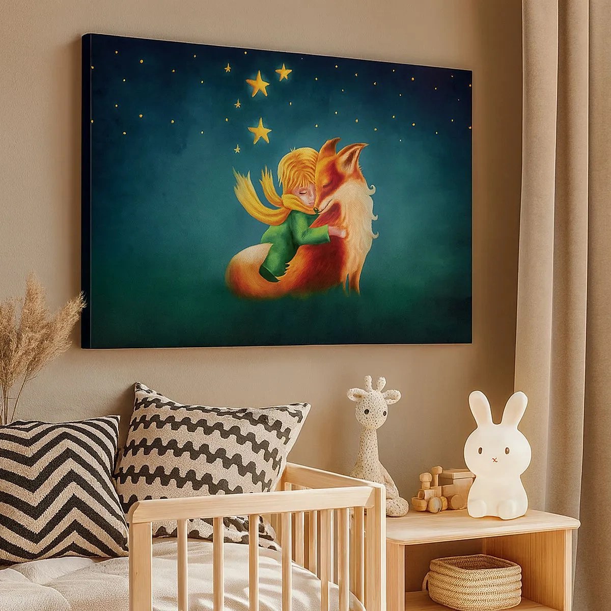 Canvas picture - A boy with a fox in a magical setting with stars - 70x50cm - Little Prince - Modern wall decoration for the living room and bedroom ARTTOR