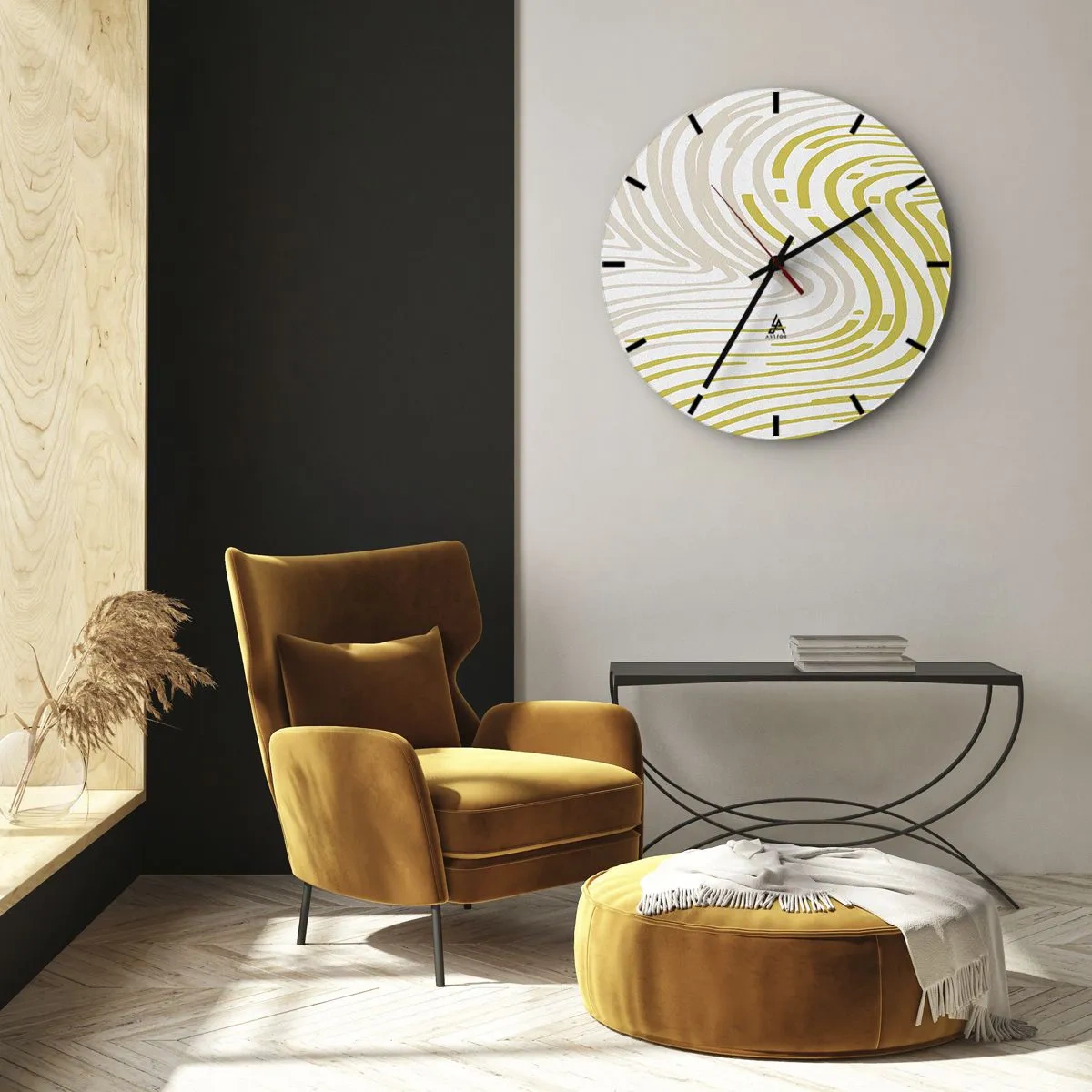 Wall clock - Clock on glass - Abstract lines in beige and yellow create a swirling pattern. - 30x30cm - Composition with a Gentle Curve - Modern wall decoration for the living room, kitchen, and bedroom ARTTOR