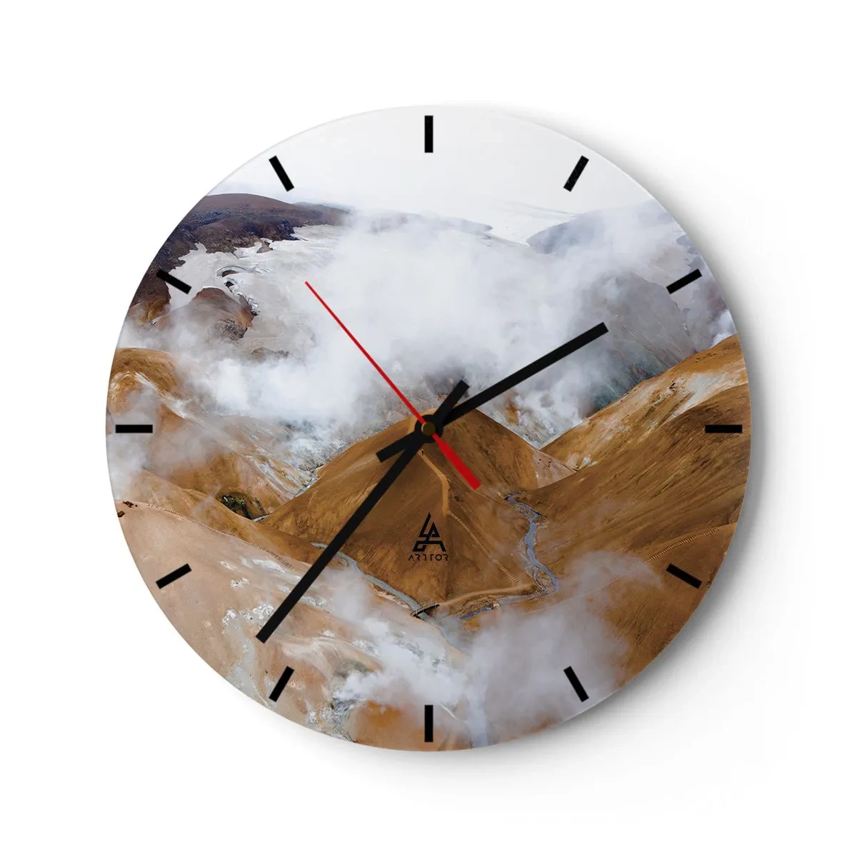 Wall clock - Clock on glass - Iceland's mountain landscape with mists hanging over the valley - 30x30cm - Severe Beauty of Iceland - Modern wall decoration for the living room, kitchen, and bedroom ARTTOR