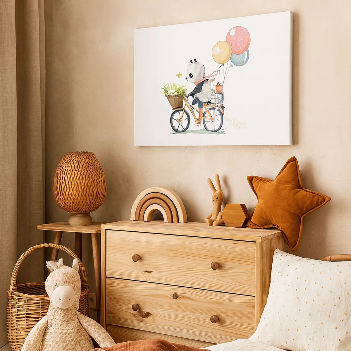 Canvas picture - Panda on a bike with balloons and flowers - 70x50cm - Lucky Day - Modern wall decoration for the living room and bedroom ARTTOR