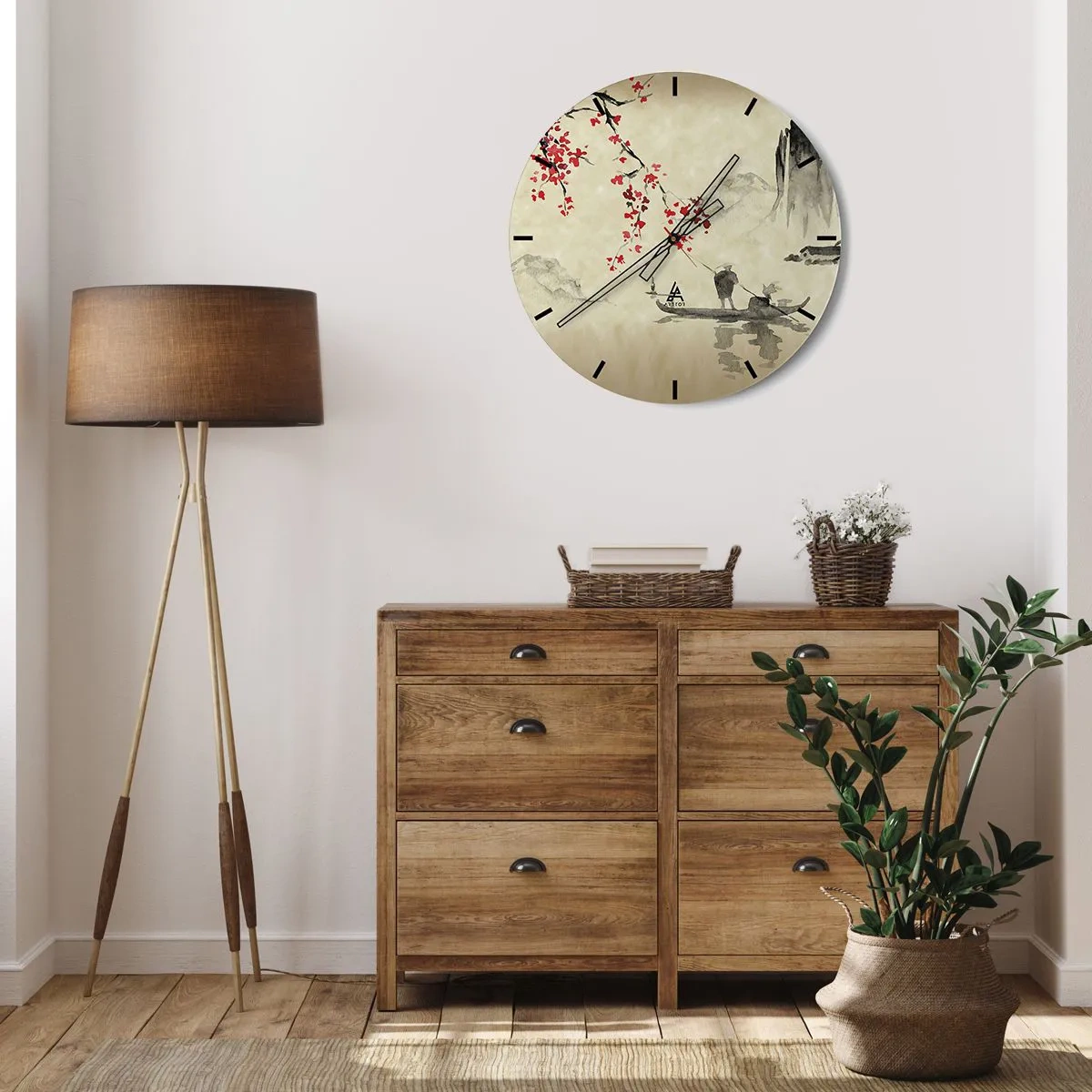 Wall clock - Clock on glass - A close-up of a dark pink flower with multi-layered petals - 30x30cm - In Cherry Blossom Country - Modern wall decoration for the living room, kitchen, and bedroom ARTTOR