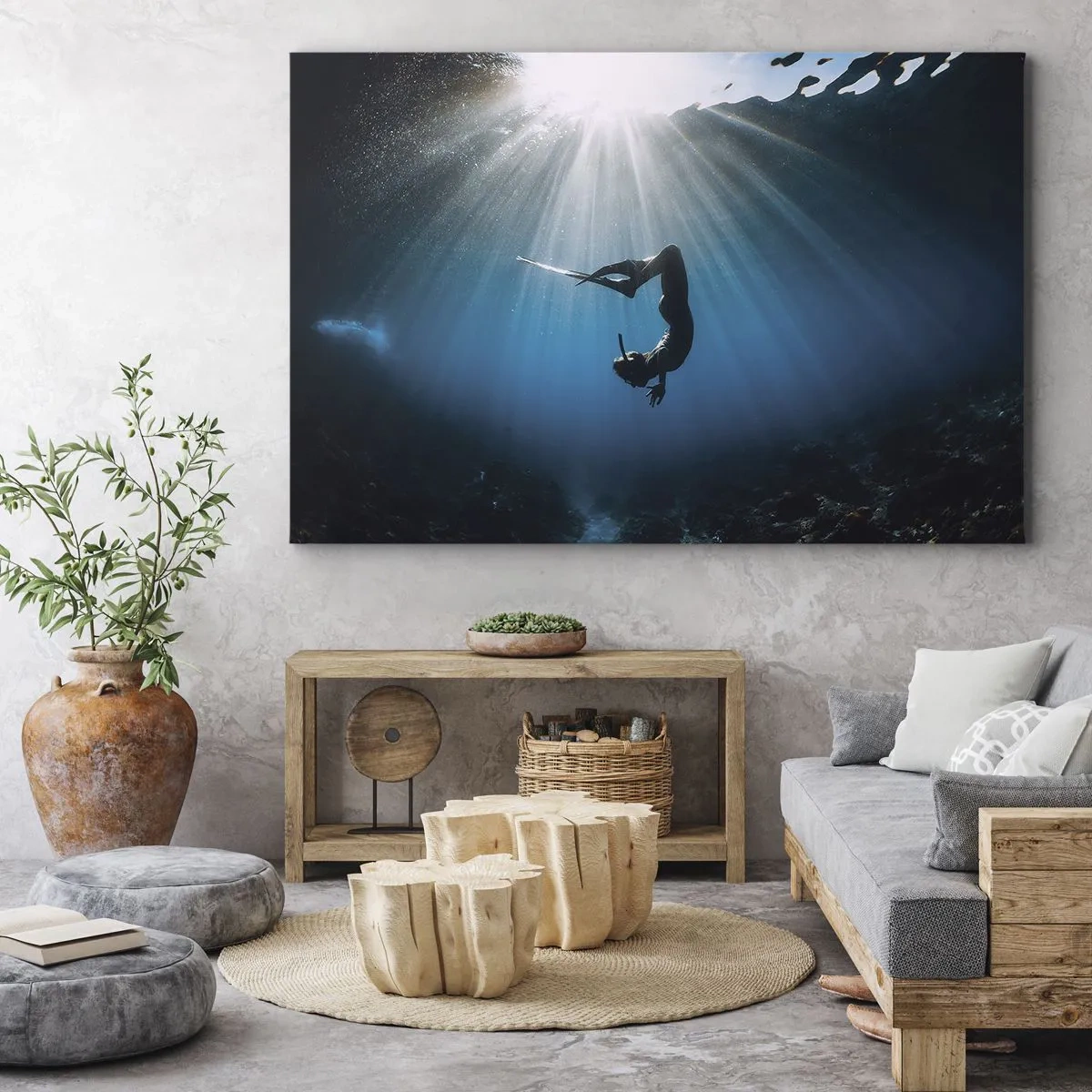Canvas picture - A diver floating in a beam of light underwater - 70x50cm - Underwater dance - Modern wall decoration for the living room and bedroom ARTTOR