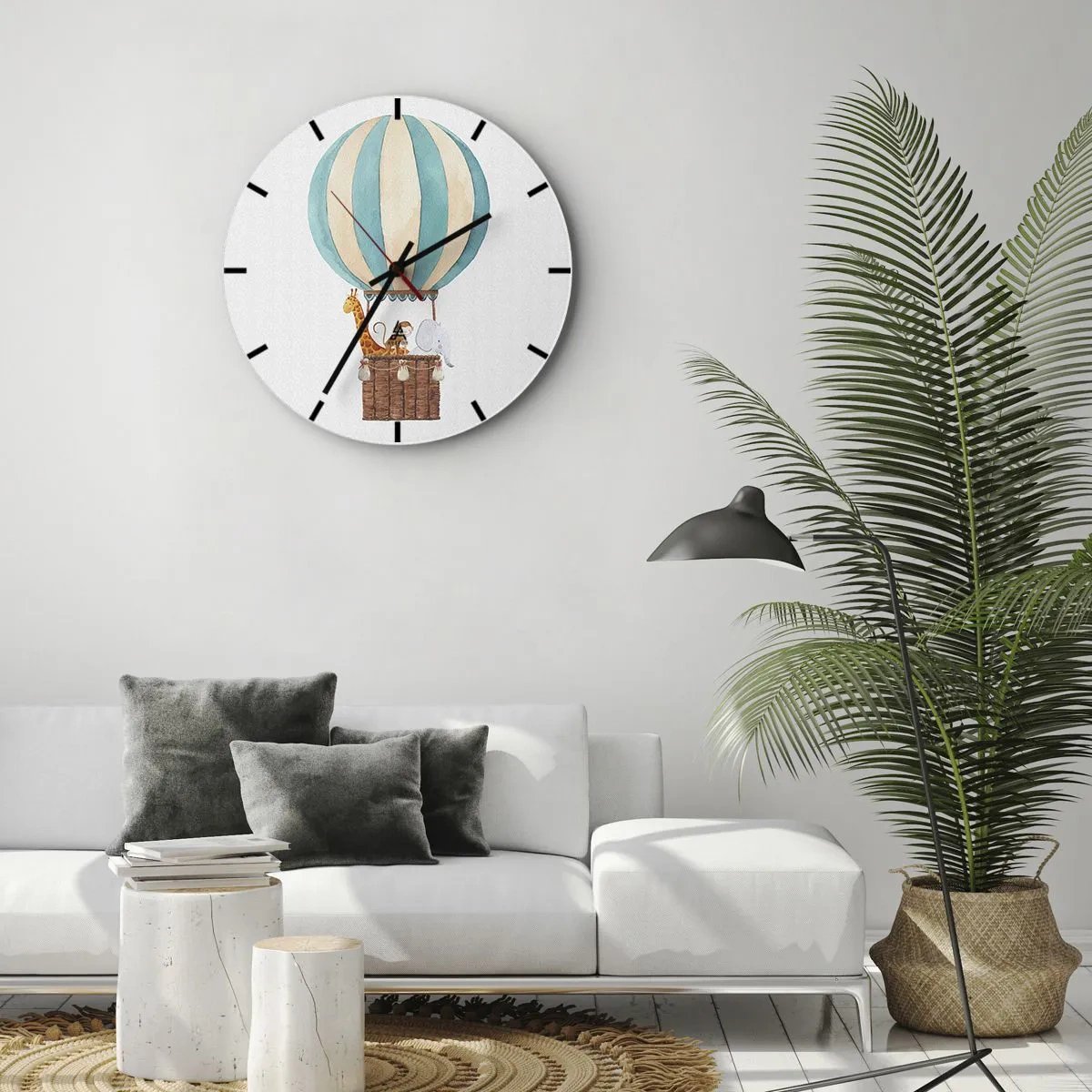 Wall clock - Clock on glass - A balloon with a giraffe and an elephant floating in the clouds - 30x30cm - Fantastic Trip - Modern wall decoration for the living room, kitchen, and bedroom ARTTOR