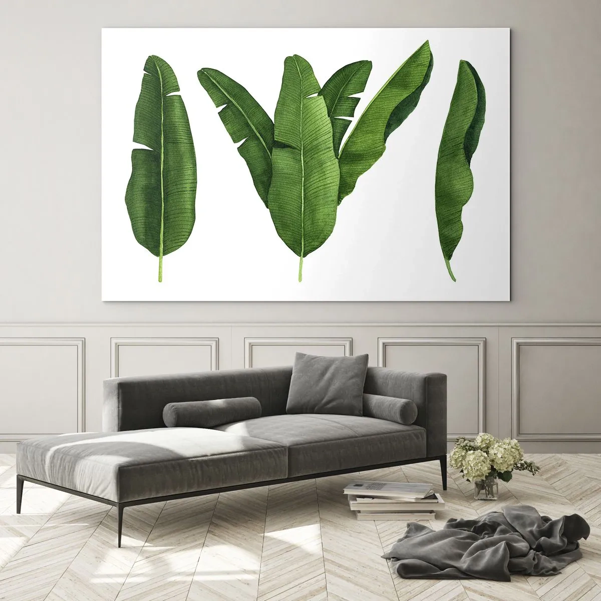 Glass picture - Four green banana leaves on a white background - 70x50cm - Green Symmetry - Modern wall decoration for the living room and bedroom ARTTOR