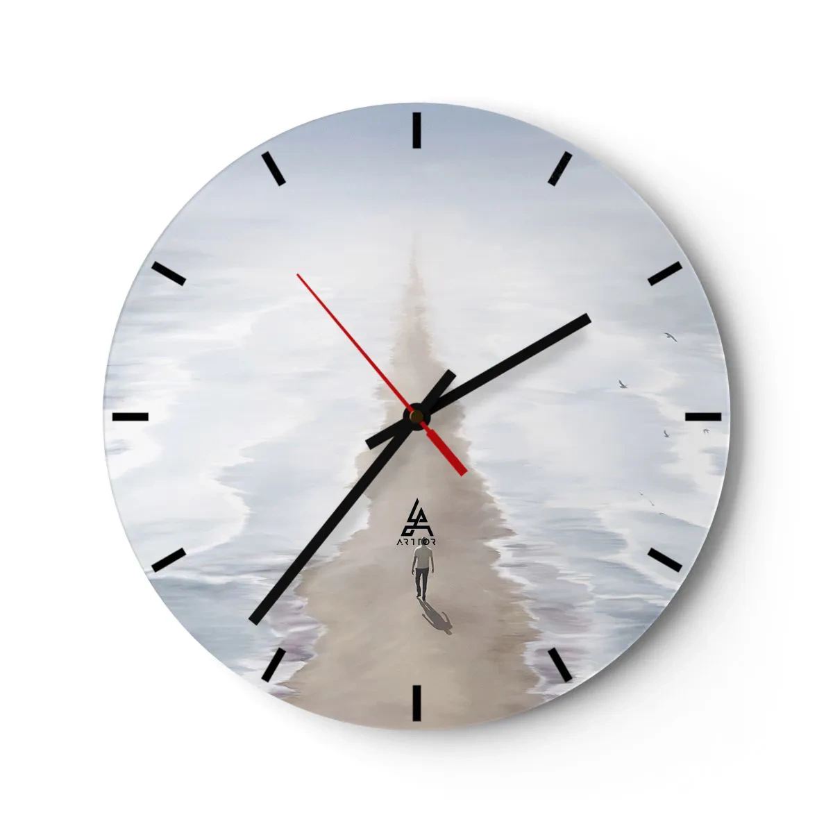 Wall clock - Clock on glass - A figure walking alone through the water on a sandy path towards the horizon. - 30x30cm - Bright Future - Modern wall decoration for the living room, kitchen, and bedroom ARTTOR