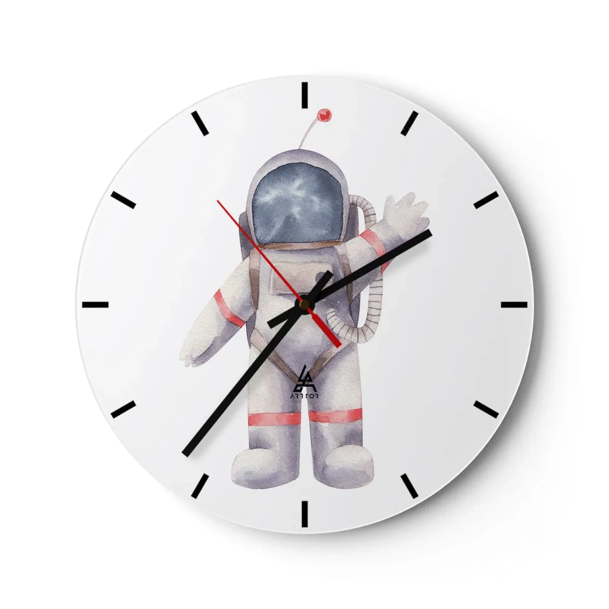 Wall clock - Clock on glass - Illustration of a cosmonaut with his hand raised on a white background - 30x30cm - So Long! - Modern wall decoration for the living room, kitchen, and bedroom ARTTOR