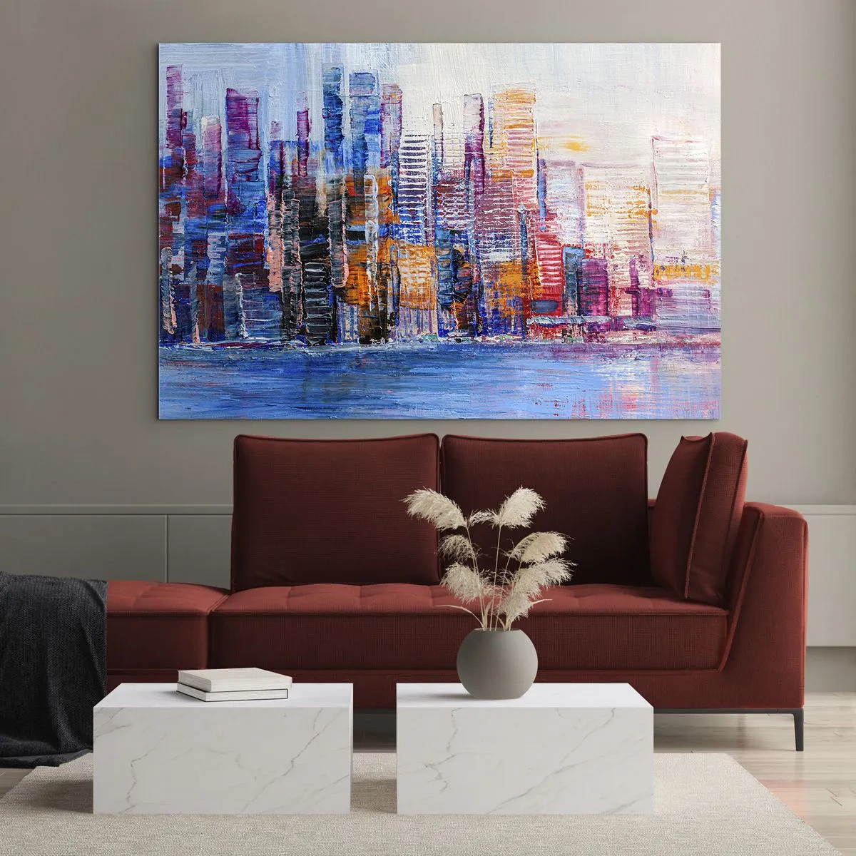 Glass picture - A colorful panorama of the city painted with brush strokes - 70x50cm - Joyful Metropolis - Modern wall decoration for the living room and bedroom ARTTOR