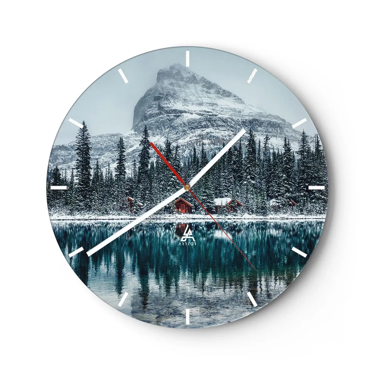 Wall clock - Clock on glass - Winter landscape with a lake, forest and mountain in the background - 30x30cm - Canadian Retreat - Modern wall decoration for the living room, kitchen, and bedroom ARTTOR