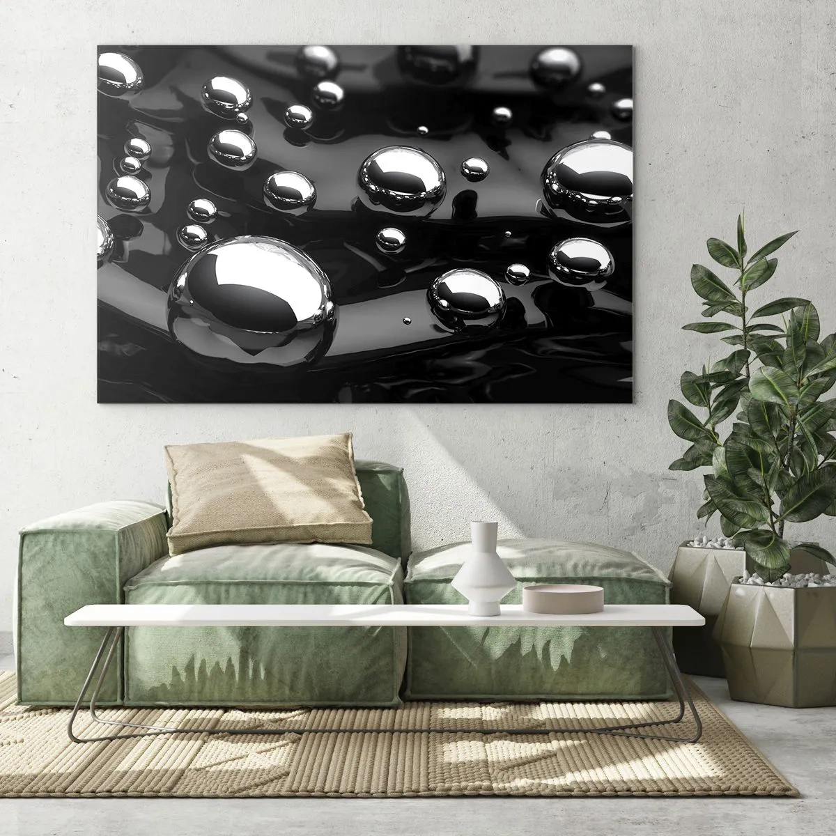 Glass picture - Metallic drops on a black surface - 70x50cm - From Black Depths - Modern wall decoration for the living room and bedroom ARTTOR