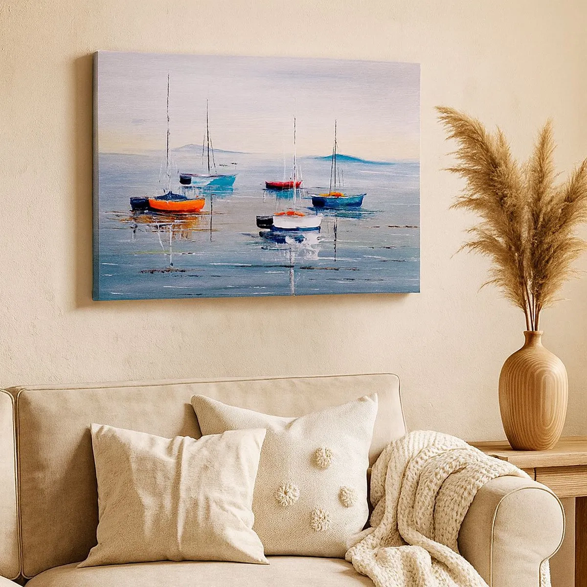 Canvas picture - Colorful boats on calm water - 70x50cm - Deserved Rest - Modern wall decoration for the living room and bedroom ARTTOR