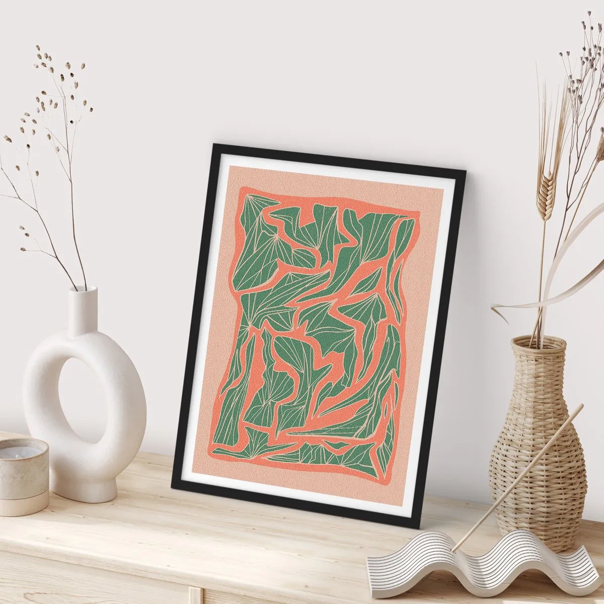 Poster in black frame - Abstract leaf pattern in shades of green and terracotta - 50x70cm - Struggles of Colar and Green - Modern wall decoration for the living room and bedroom ARTTOR