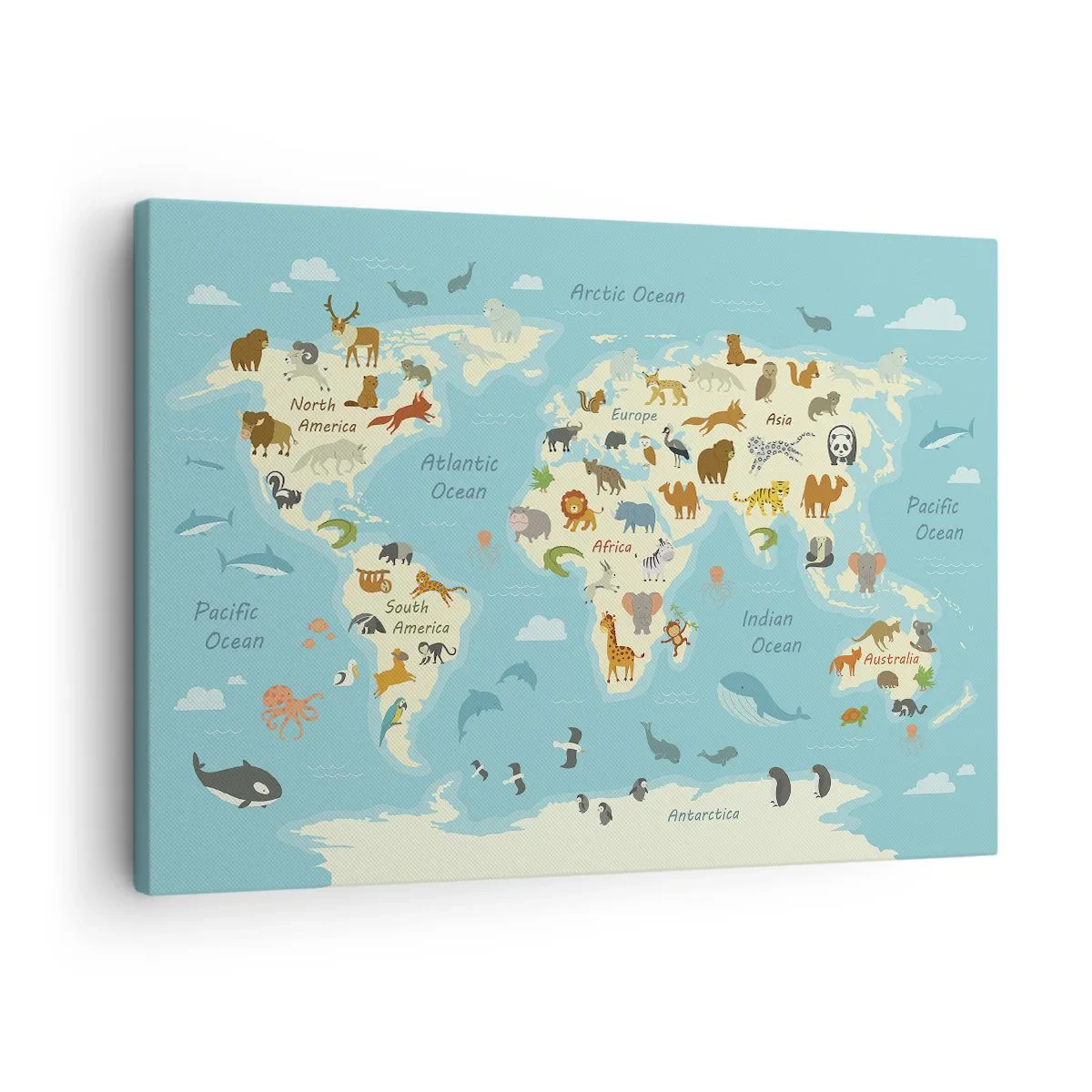 Canvas picture - World map with animal illustrations - 70x50cm - Good Neighbours - Modern wall decoration for the living room and bedroom ARTTOR