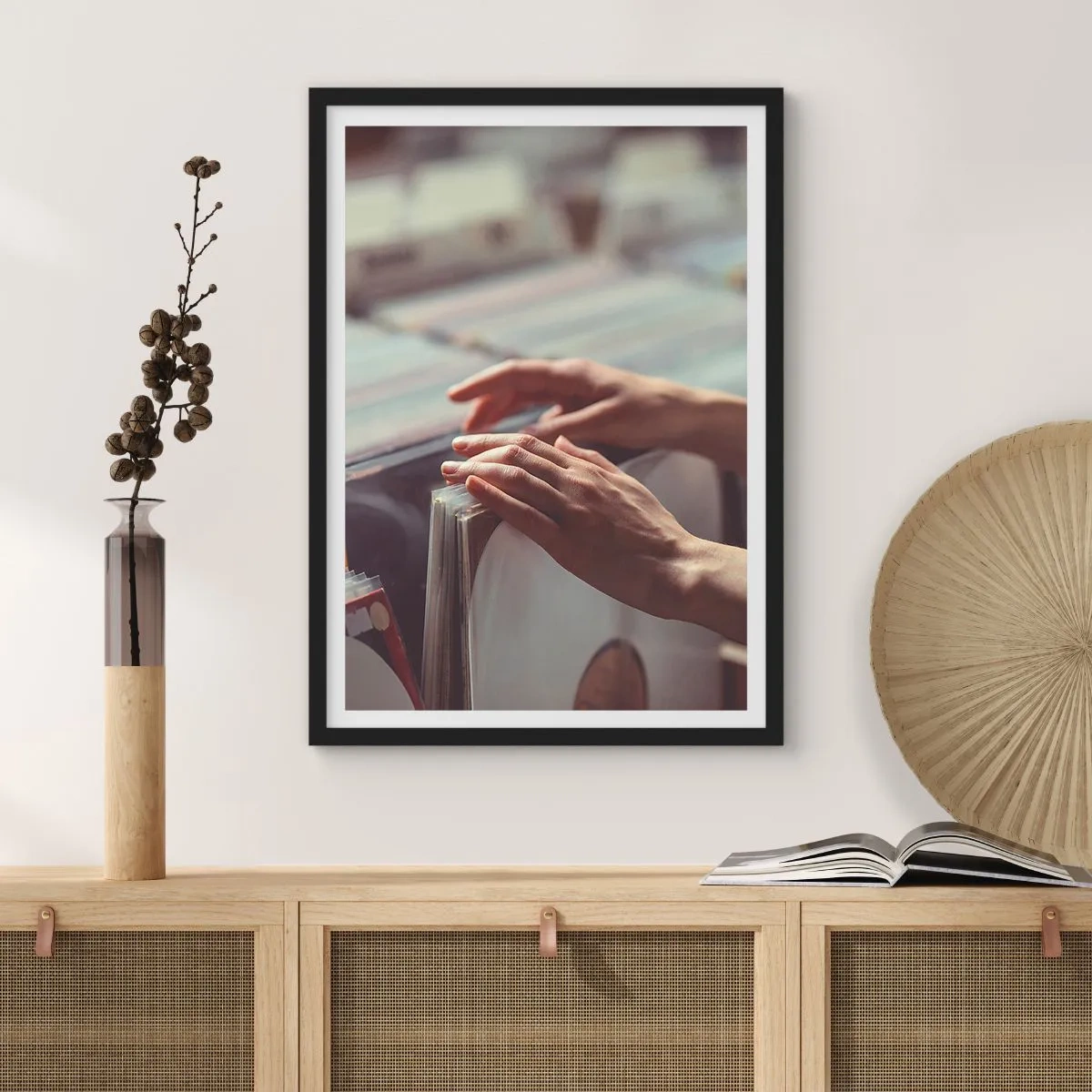 Poster in black frame - Hands browsing vinyl records in a music store - 50x70cm - In Search of Good Vibes - Modern wall decoration for the living room and bedroom ARTTOR