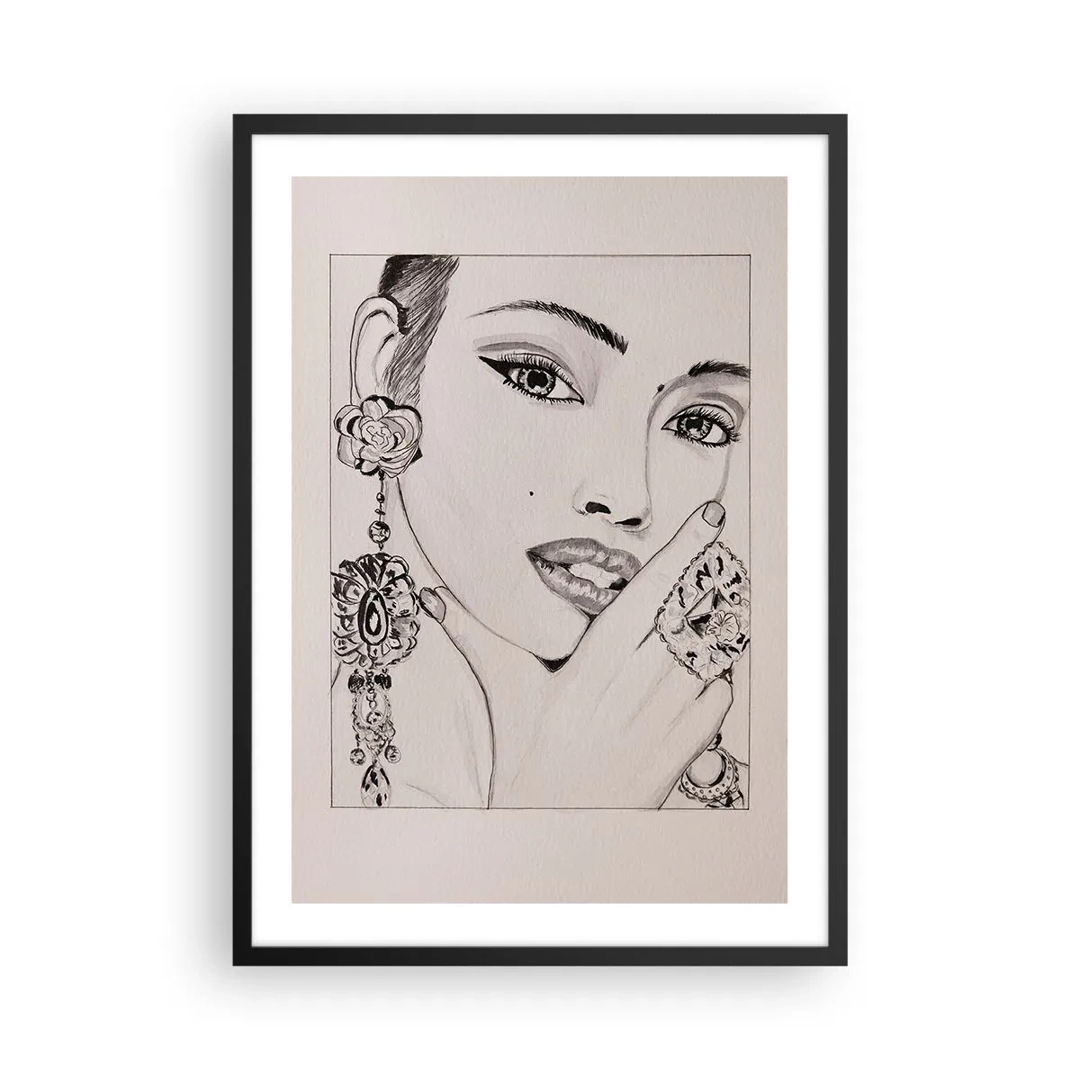 Poster in black frame - Sketch of a woman wearing glamorous jewelry - 50x70cm - Most Beautiful Gem - Modern wall decoration for the living room and bedroom ARTTOR