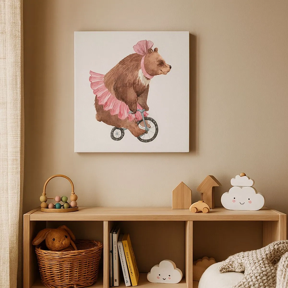Canvas picture - A teddy bear in a pink skirt on a retro-style bike - 70x50cm - What a Circus! - Modern wall decoration for the living room and bedroom ARTTOR