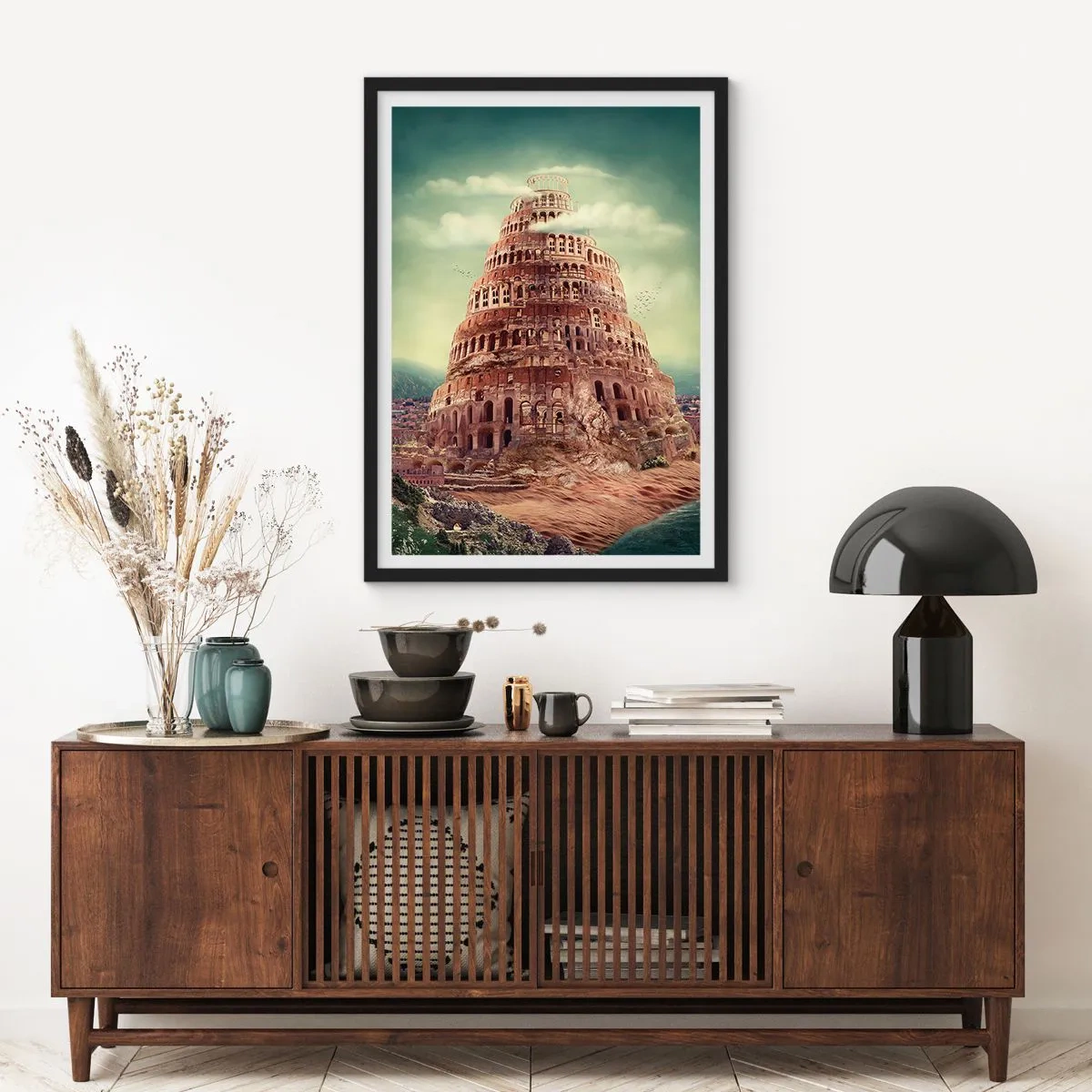 Poster in black frame - The mythical Tower of Babel in a picturesque landscape - 50x70cm - Tower of Babel - Modern wall decoration for the living room and bedroom ARTTOR