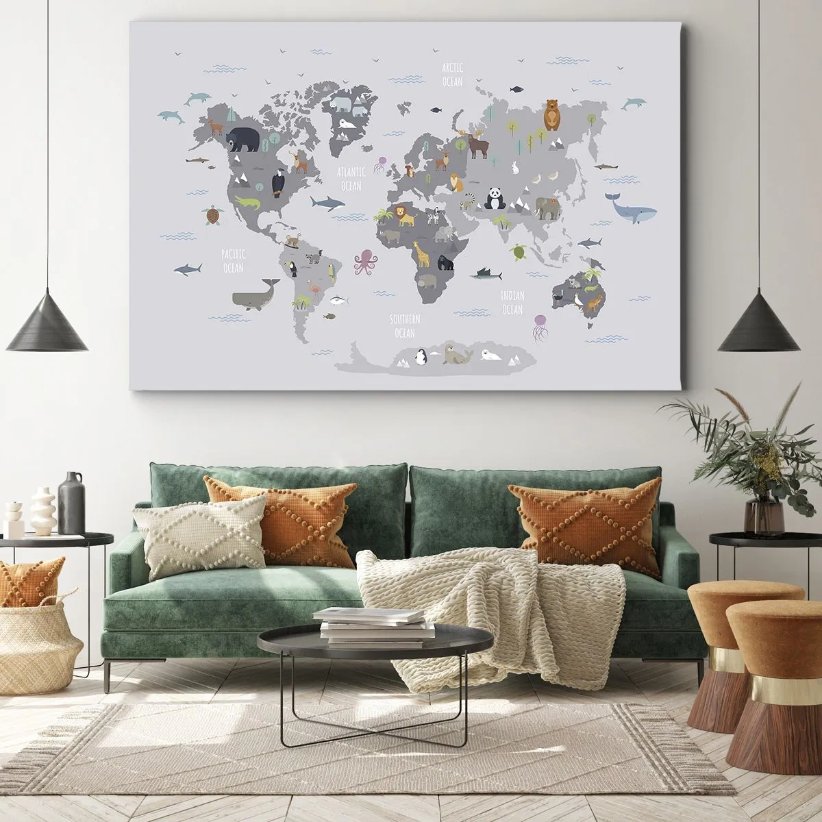 Canvas picture - A world map with animal illustrations on a gray background - 70x50cm - Tell Me Where You Are From - Modern wall decoration for the living room and bedroom ARTTOR