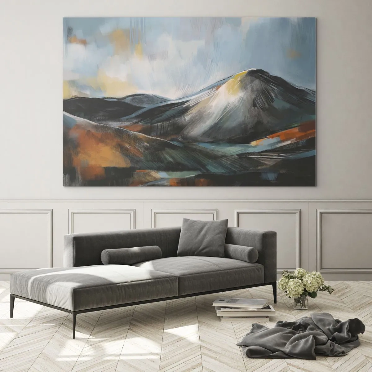 Glass picture - painterly mountain landscape in warm and cool colors - 70x50cm - Raw and Beautiful - Modern wall decoration for the living room and bedroom ARTTOR