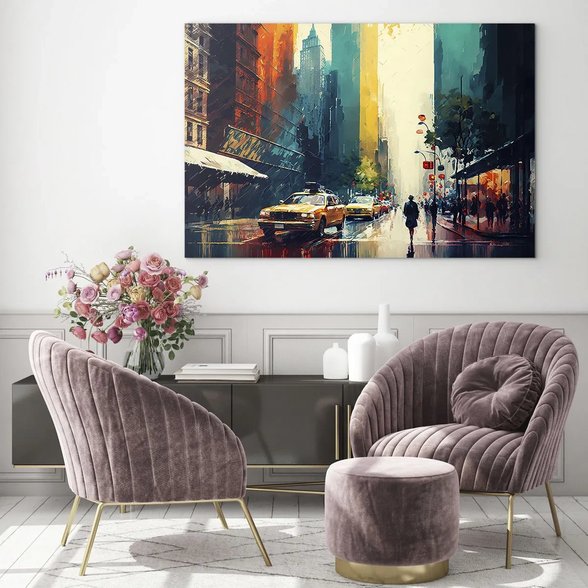 Glass picture - Colorful taxis and skyscrapers on a wet city street - 70x50cm - New York - Even Rain Is Colourful - Modern wall decoration for the living room and bedroom ARTTOR