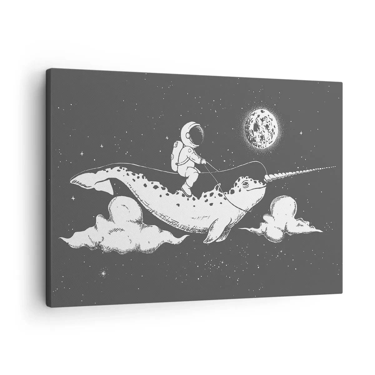 Canvas picture - An astronaut on the back of a narwhal floating in a space scene. - 70x50cm - Space Rider - Modern wall decoration for the living room and bedroom ARTTOR