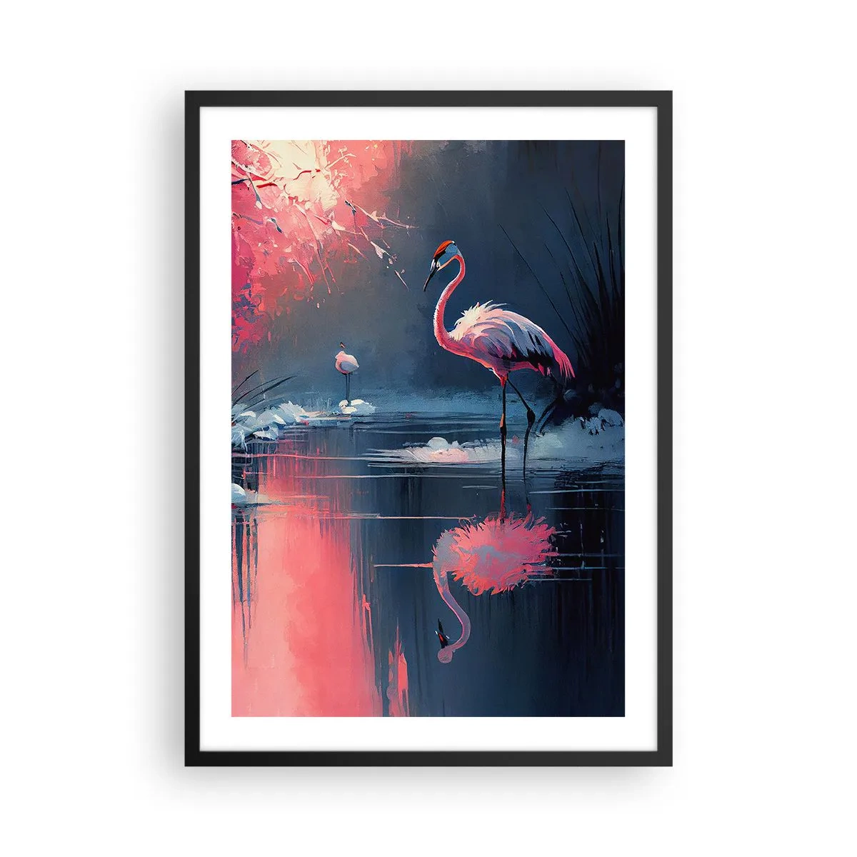 Poster in black frame - Flamingos on a calm lake - 50x70cm - Bird Retreat - Modern wall decoration for the living room and bedroom ARTTOR
