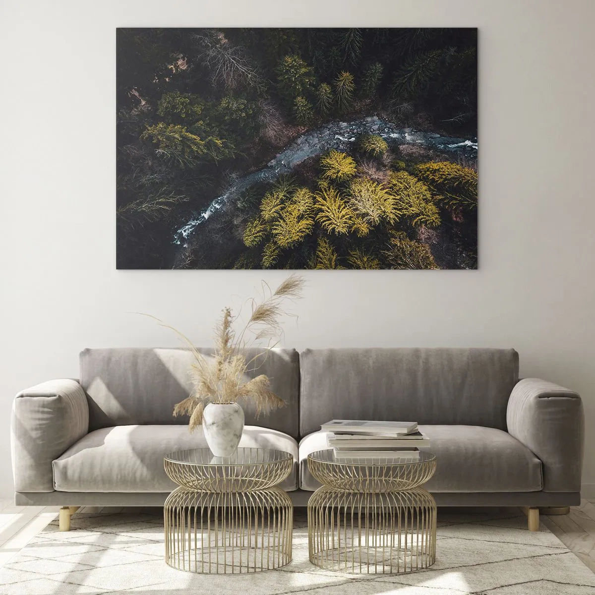 Glass picture - A bird's eye view of a forest landscape with a winding stream - 70x50cm - Fast and Faster - Modern wall decoration for the living room and bedroom ARTTOR