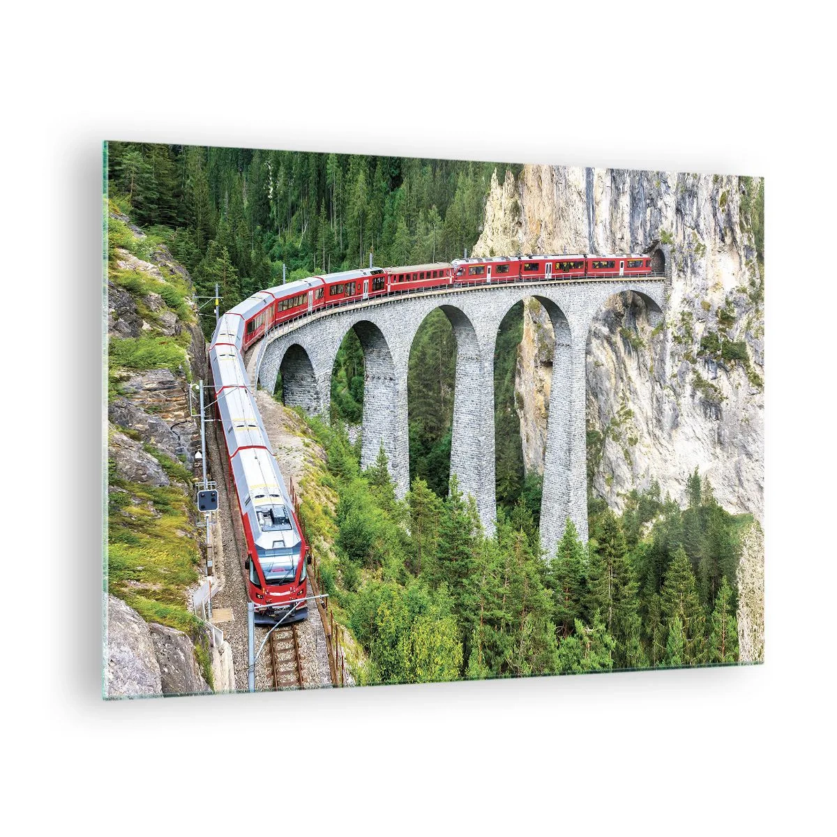 Glass picture - A train with a mountain bridge in the background among green landscapes - 70x50cm - Time for Mountin Views - Modern wall decoration for the living room and bedroom ARTTOR