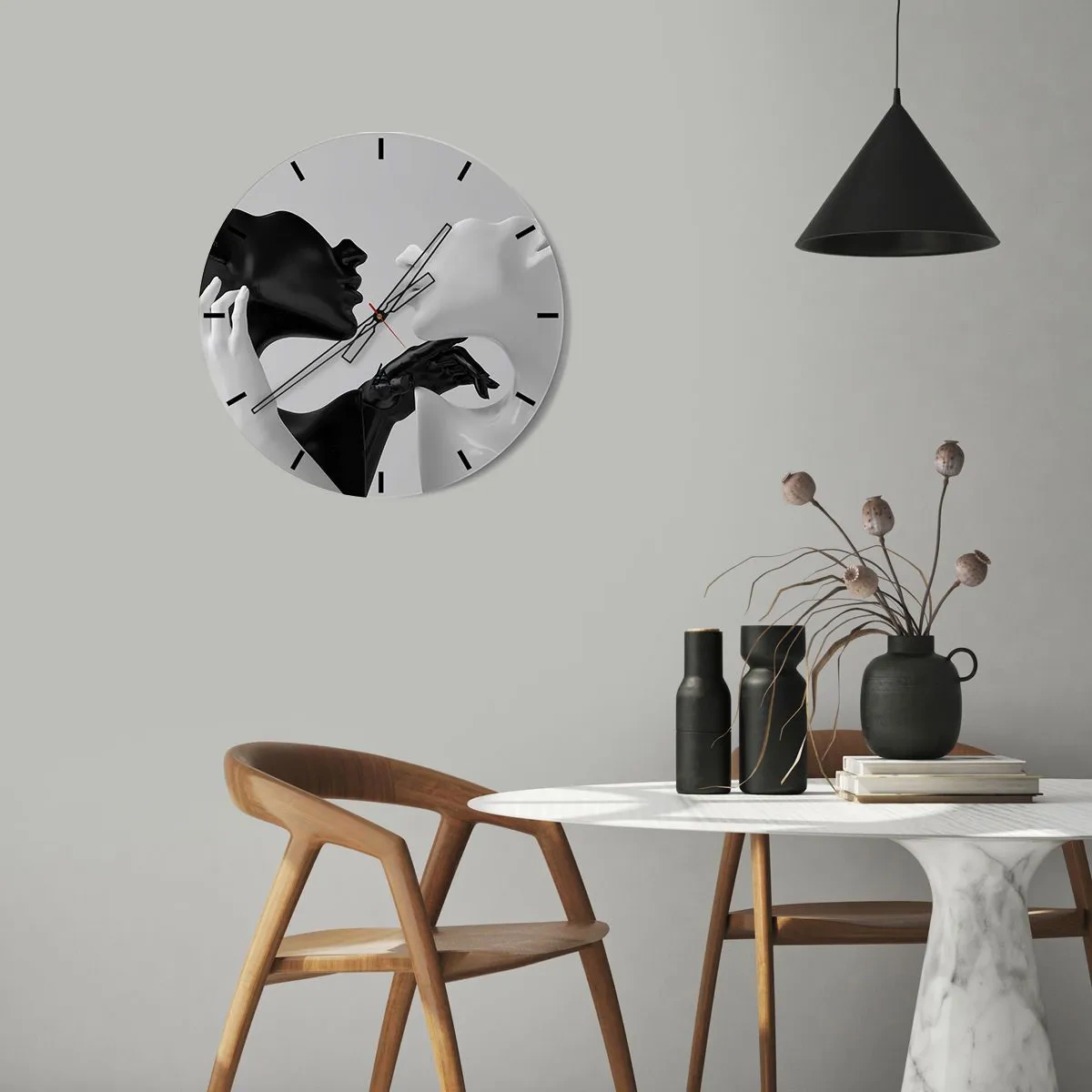 Wall clock - Clock on glass - A black and white pair of faces and hands in the act of close-up. - 30x30cm - Attraction - Desire - Modern wall decoration for the living room, kitchen, and bedroom ARTTOR
