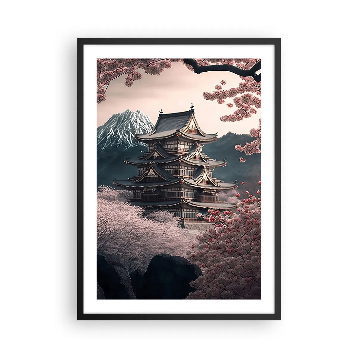 Poster in black frame - Japanese pagoda among cherry blossoms - 50x70cm - Land of Cherry Blossoms - Modern wall decoration for the living room and bedroom ARTTOR