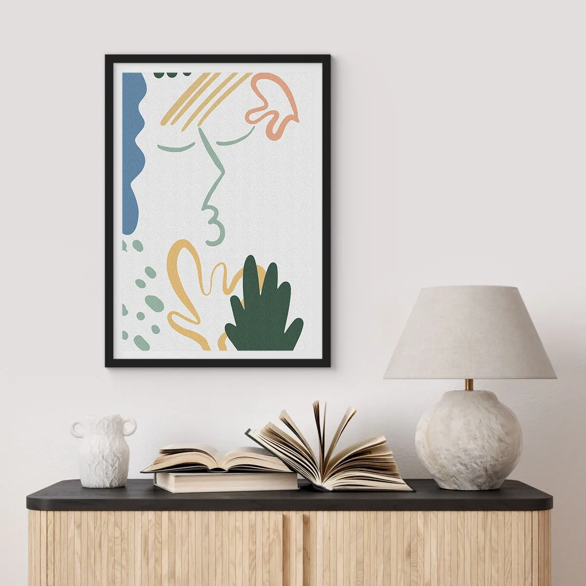Poster in black frame - Abstract portrait in pastels - 50x70cm - Kiss of Flowers - Modern wall decoration for the living room and bedroom ARTTOR