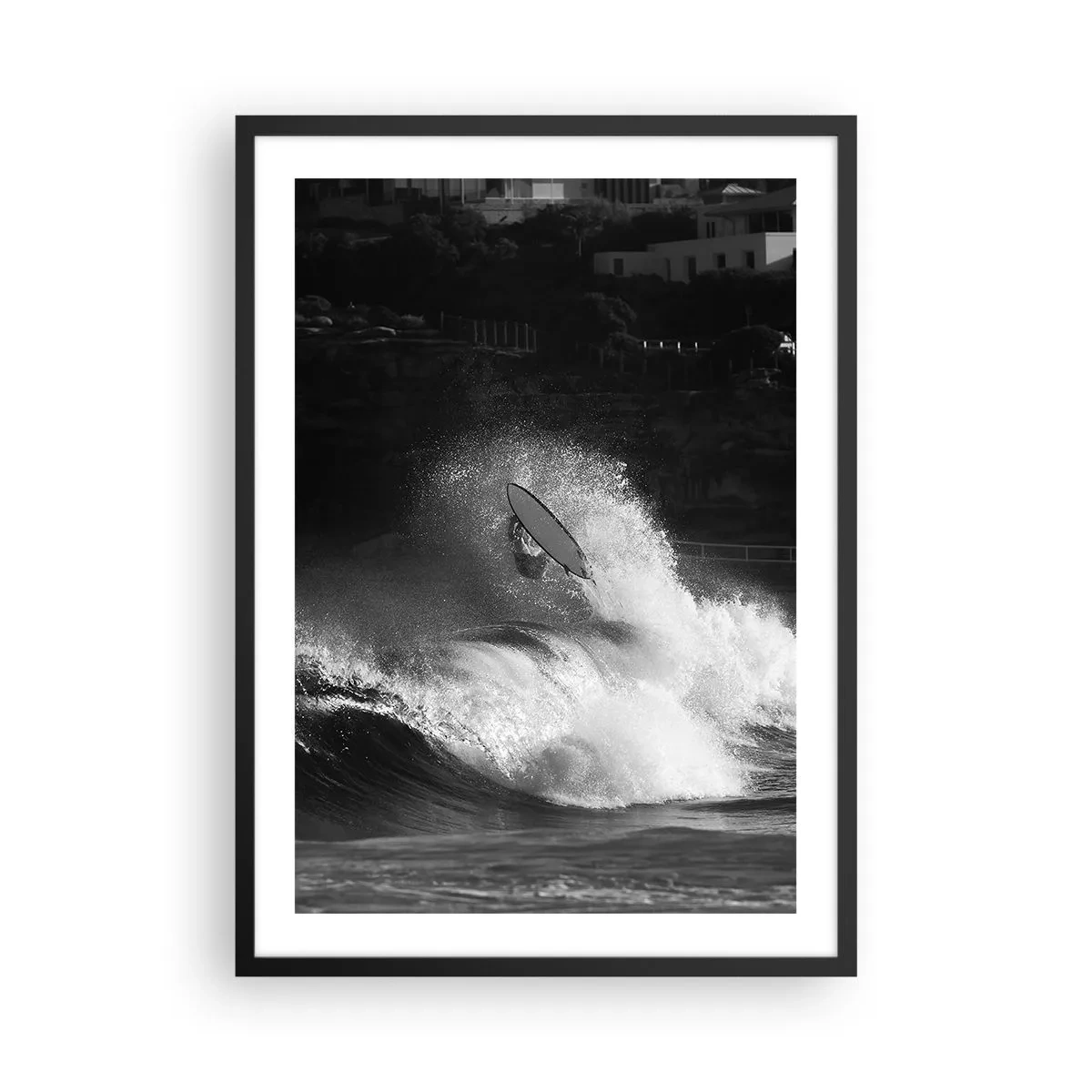 Poster in black frame - Black and white surfer in action on rough waves - 50x70cm - Challenge Accepted! - Modern wall decoration for the living room and bedroom ARTTOR