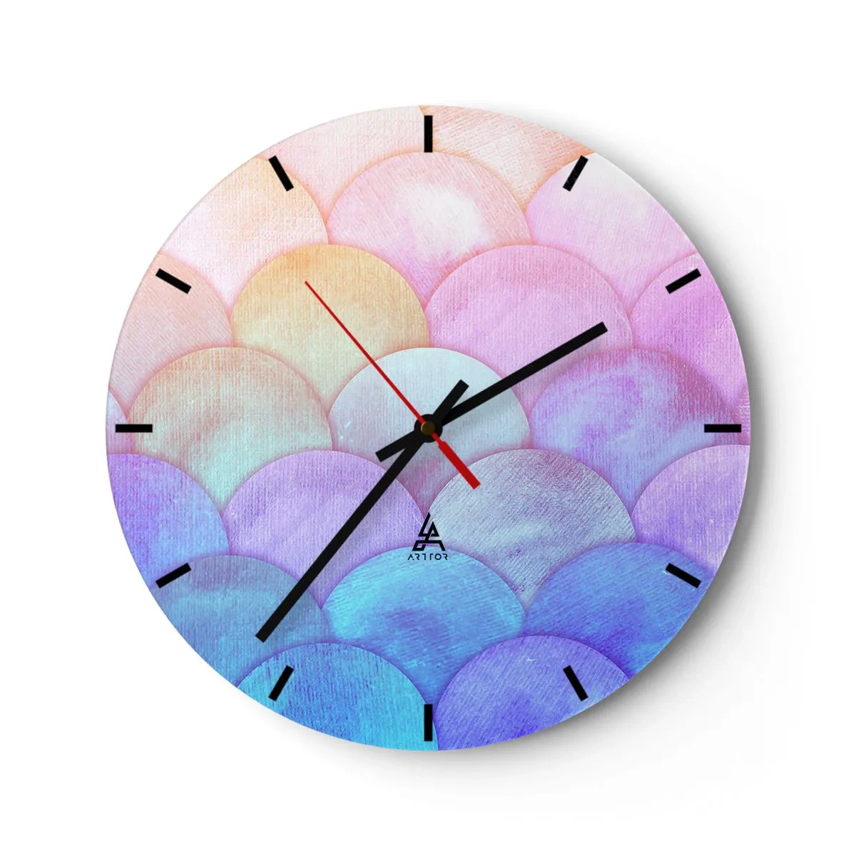 Wall clock - Clock on glass - Semi-circular pastel scales in shades of pink, purple and blue - 30x30cm - Pearl Scale - Modern wall decoration for the living room, kitchen, and bedroom ARTTOR
