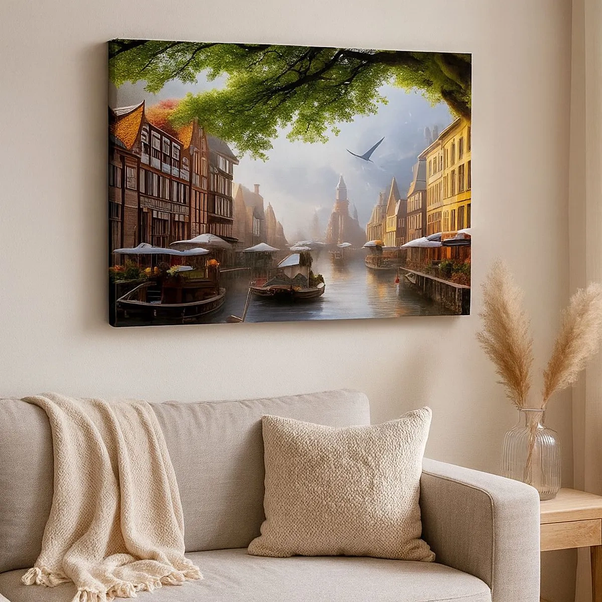 Canvas picture - A picturesque Dutch landscape with a canal and tenement houses - 70x50cm - Dutch Urban Landscape - Modern wall decoration for the living room and bedroom ARTTOR