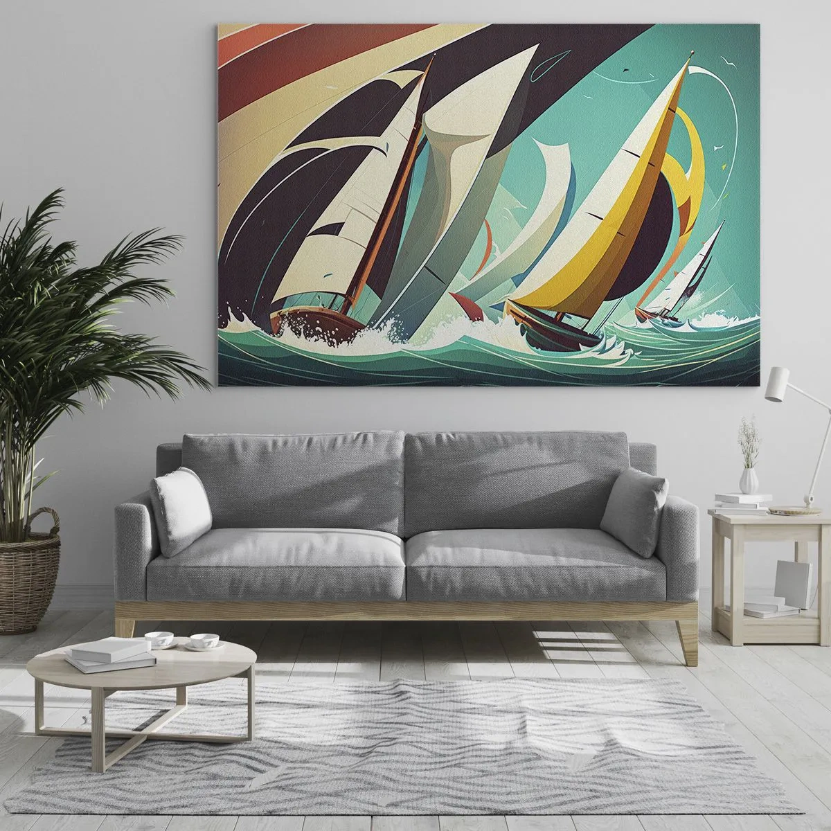 Glass picture - Retro style illustration of sailboats in a stormy sea - 70x50cm - Standing Up to Elements - Modern wall decoration for the living room and bedroom ARTTOR
