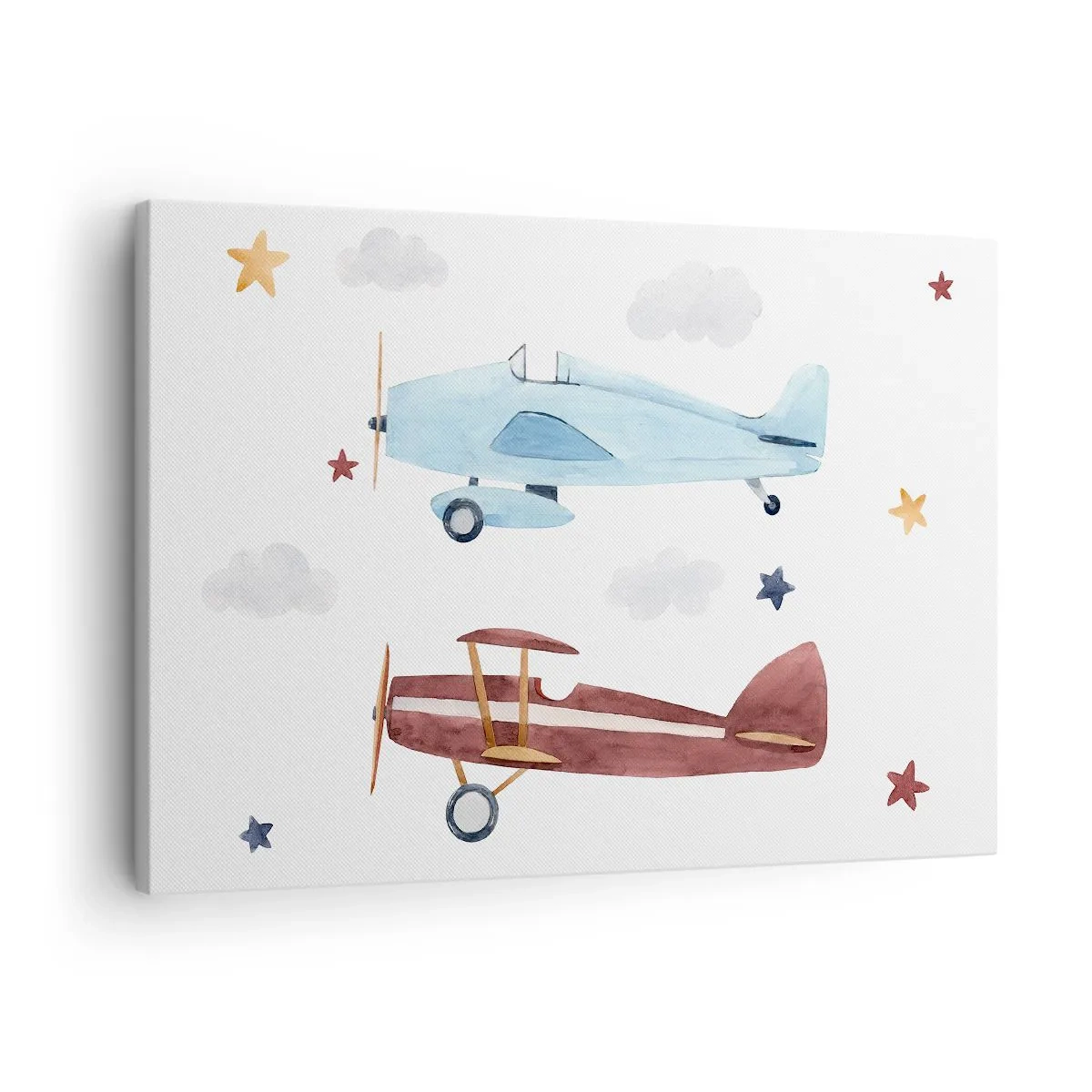 Canvas picture - Hand-painted airplanes against a background of clouds and stars - 70x50cm - Mr Pilot We Are Waiting! - Modern wall decoration for the living room and bedroom ARTTOR