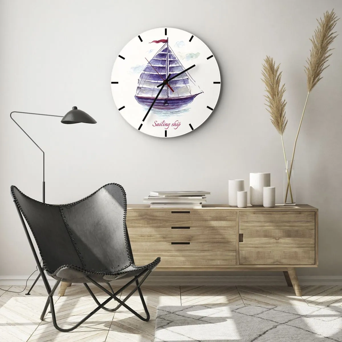 Wall clock - Clock on glass - A purple sailboat with a red mast on a calm sea - 30x30cm - Full Sails And Calm Waters - Modern wall decoration for the living room, kitchen, and bedroom ARTTOR