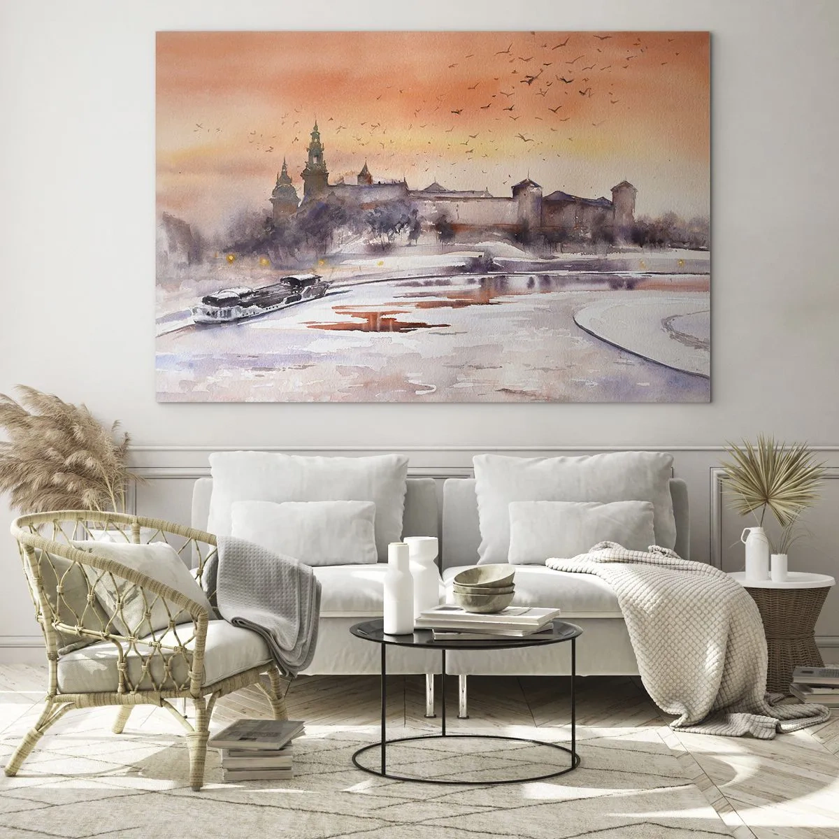 Glass picture - Sunset over the royal castle and the river in winter - 70x50cm - Royal Sunset - Modern wall decoration for the living room and bedroom ARTTOR