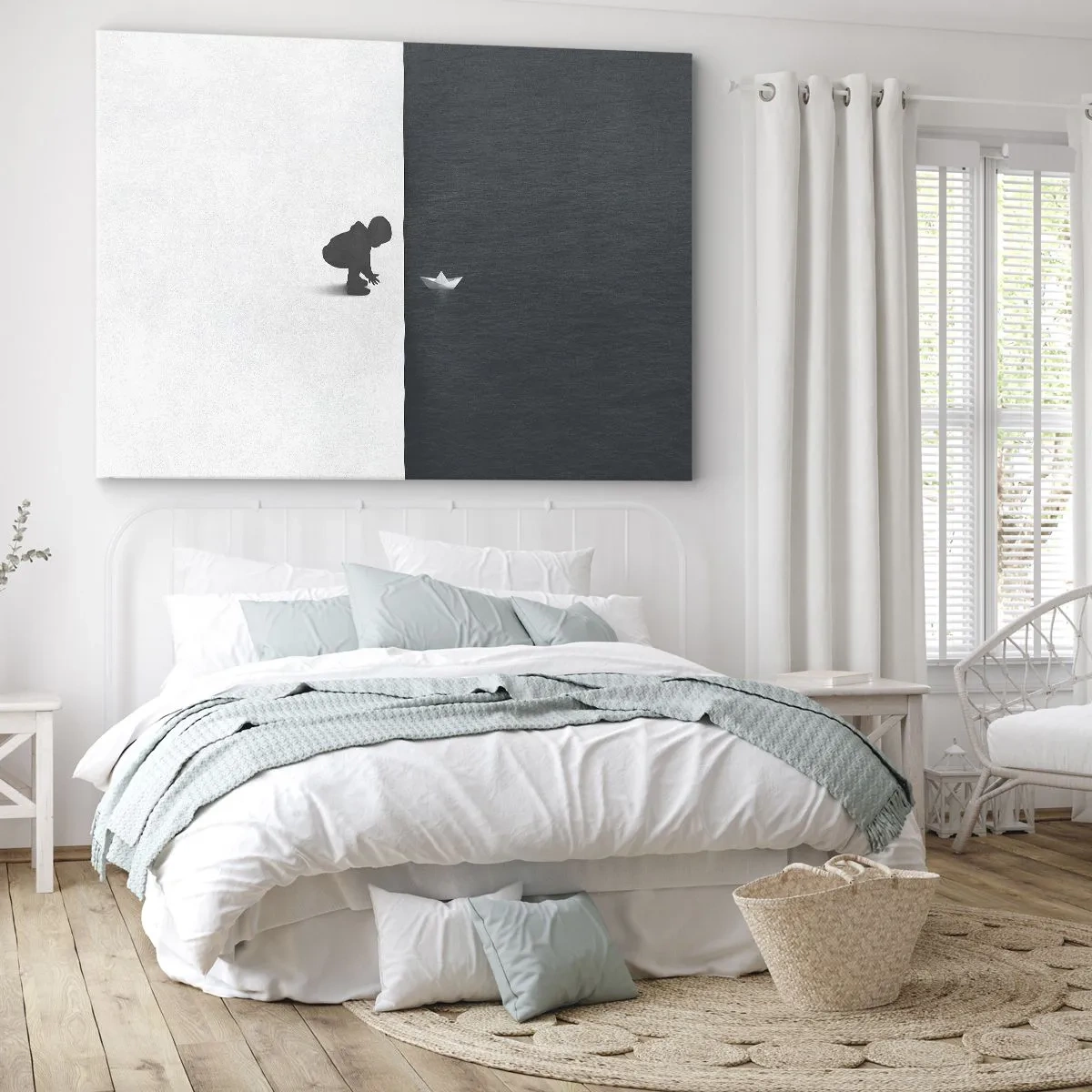 Canvas picture - A child's figure with a paper boat against a background of contrasting halves - 70x50cm - Big Voyage - Modern wall decoration for the living room and bedroom ARTTOR