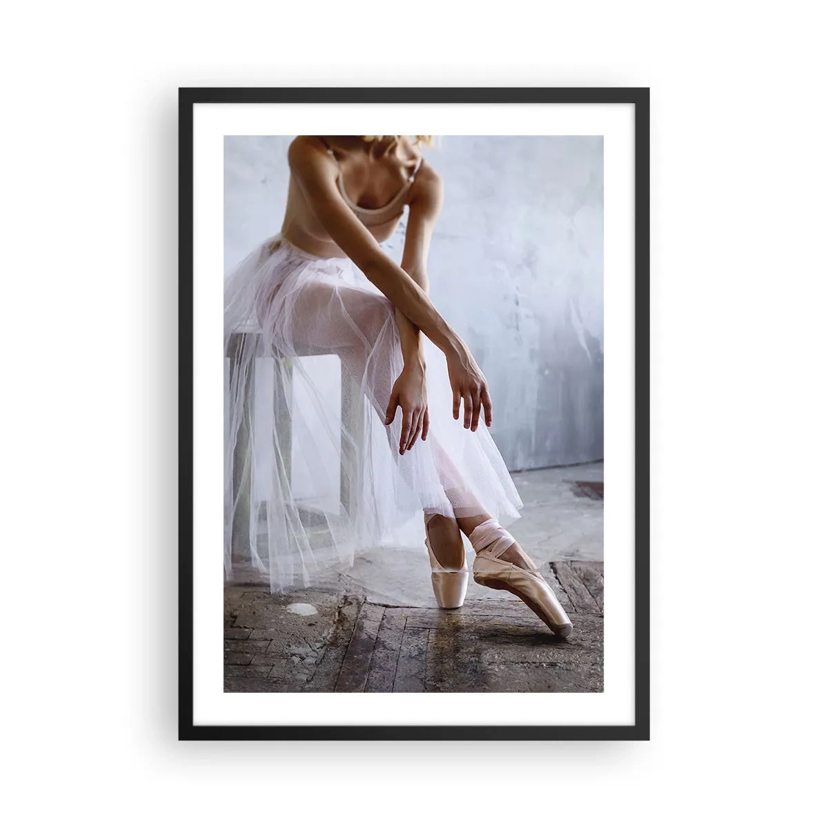 Poster in black frame - A ballerina in a delicate pose against an industrial background - 50x70cm - Before the Ramp Lights Are On - Modern wall decoration for the living room and bedroom ARTTOR