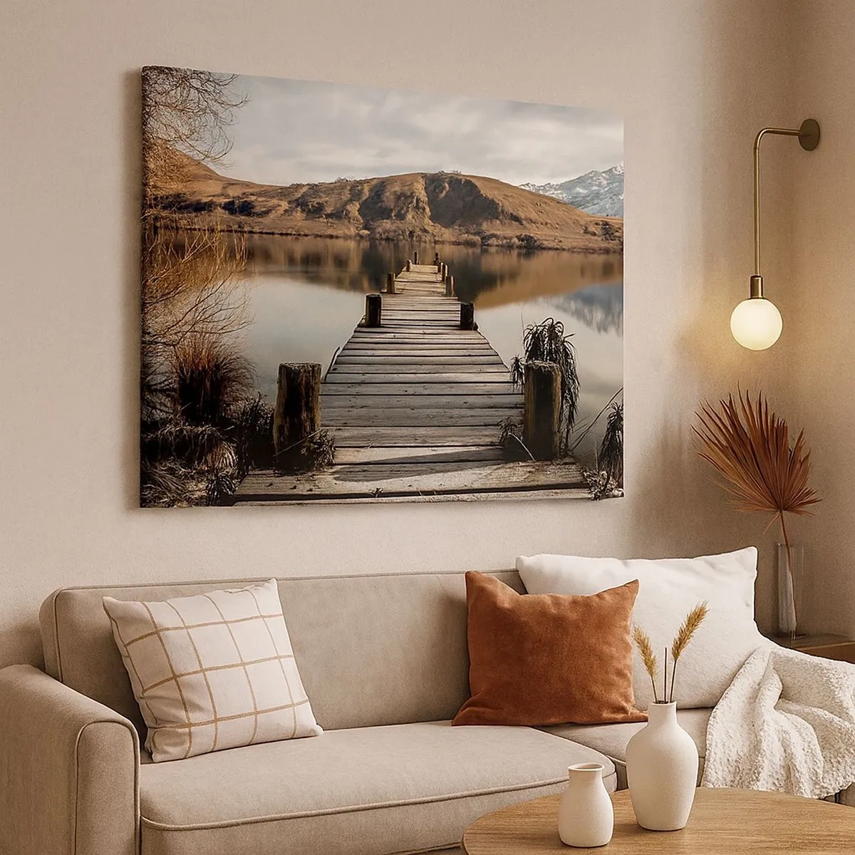 Canvas picture - A wooden pier over a lake surrounded by picturesque hills - 70x50cm - Landscape in Silence - Modern wall decoration for the living room and bedroom ARTTOR