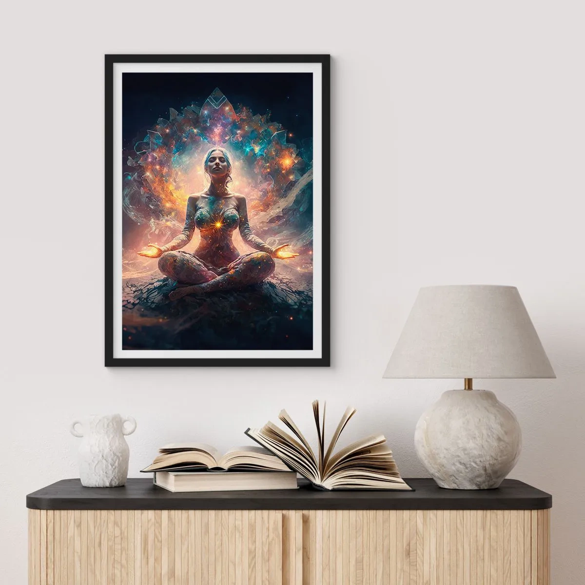 Poster in black frame - Mystical meditation surrounded by cosmic energy - 50x70cm - Good Energy Flow - Modern wall decoration for the living room and bedroom ARTTOR