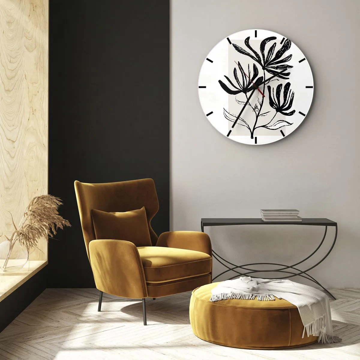 Wall clock - Clock on glass - A black sketch of a plant on a light background with a beige accent. - 30x30cm - Sketch for a Herbarium - Modern wall decoration for the living room, kitchen, and bedroom ARTTOR