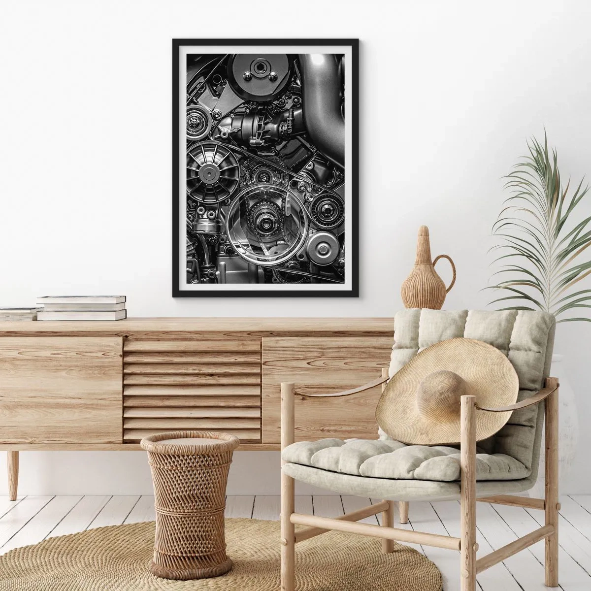 Poster in black frame - Detailed close-up of the engine's mechanical components in black and white - 50x70cm - Poetry of Mechanics - Modern wall decoration for the living room and bedroom ARTTOR